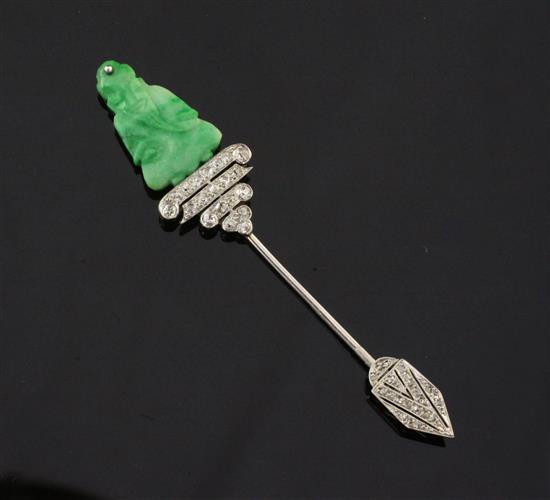 A mid 20th century white gold, jadeite and diamond jabot pin, 2.75in.